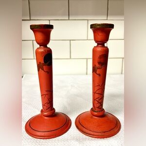 Antique Japanese Cinnabar Lacquer Candlesticks Meiji/Taisho Era Crane&Sun Motif